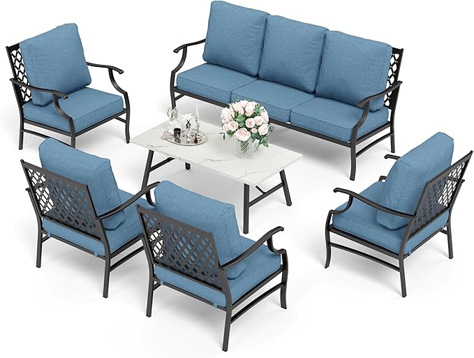 HERA'S HOUSE 6 Piece Patio Furniture Set, 4 x Fixed Metal Cushioned Chair, 1 x 3-Seat Sofa with Marbling Coffee Table, All Weather Outdoor Conversation Set for Lawn Garden Backyard, Navy Blue
