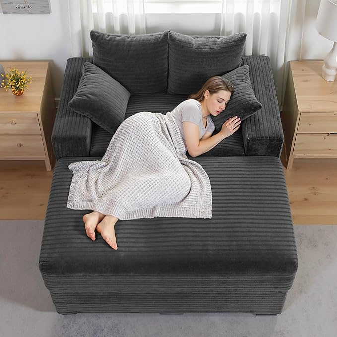 Indoor Chaise Lounge Chair With Storage Ottoman, Modern 60-Inch Lounge Sofa Chair With Wide Armrests & 4 Pillows, Oversized Comfy Reading Lounger For Living Room, Bedroom(Wide-Rib Corduroy Grey)