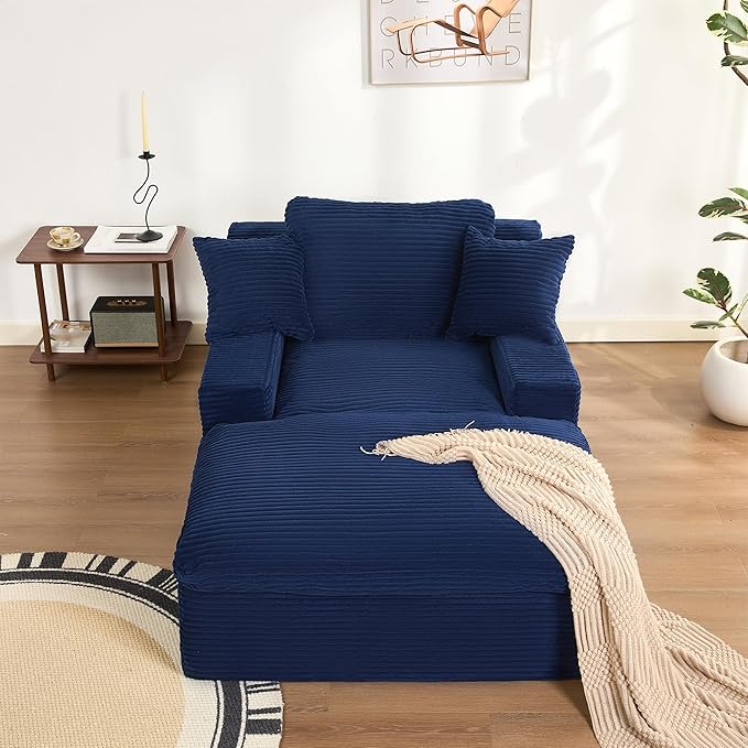 63" Oversized Chaise Lounge Chair Indoor, Extra Cloud Layer, Convertible Sleeper Sofa Couch with Removable Pillows & Side Pockets, Corduroy Upholstered Sofa Bed with Armrests for Living Room, Blue