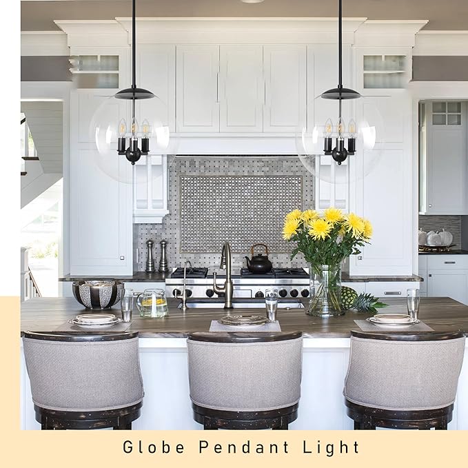 13.7" Globe Pendant Light 3-Light Black Mid Century Pendant Light Clear Glass Lights Kitchen Island Mid Century Adjustable Hanging Farmhouse Globe Fixtures for Living Room Lobby