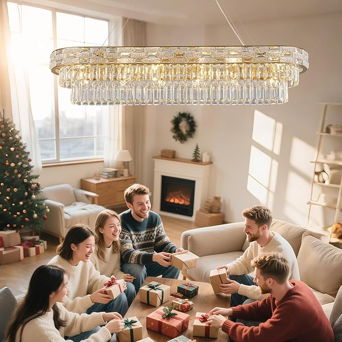 Crystal Chandeliers, 49.2" 18-Light Gold Chandelier for Dining Room, Rectangular Chandelier for Kitchen, Living Room Chandeliers, Island Lights Hanging Lights Dimmable