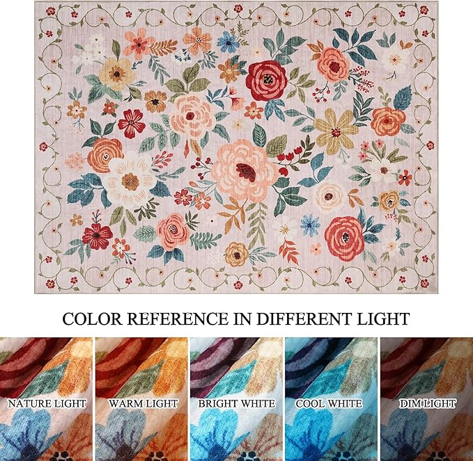 DUKINO 9x12 Area Rug, Floral Rugs for Living Room, Lightweight Non Slip Washable Rug, Indoor Low Pile & Non-Shedding Boho Design Rugs for Bedroom, Living Room, Dining Room, Beige