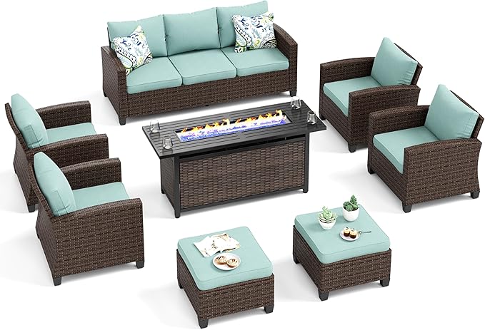 Patio Furniture Set, 8 Pcs Wicker Rattan Outdoor Conversation Set, 4 x Leg Chairs, 1 x 3 Seater Sofa and 2 x Ottoman with 4" Thick Cushion and 56" Fire Pit Table, Blue
