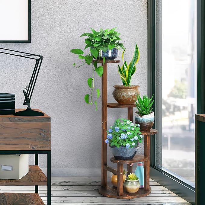 Wooden Plant stand Indoor,4 Tier Oval Plant Shelf Corner Plant Stands for Indoor Plants,Tiered Plant Holder Flower Pot Stand for Balcony Bedroom Patio Office