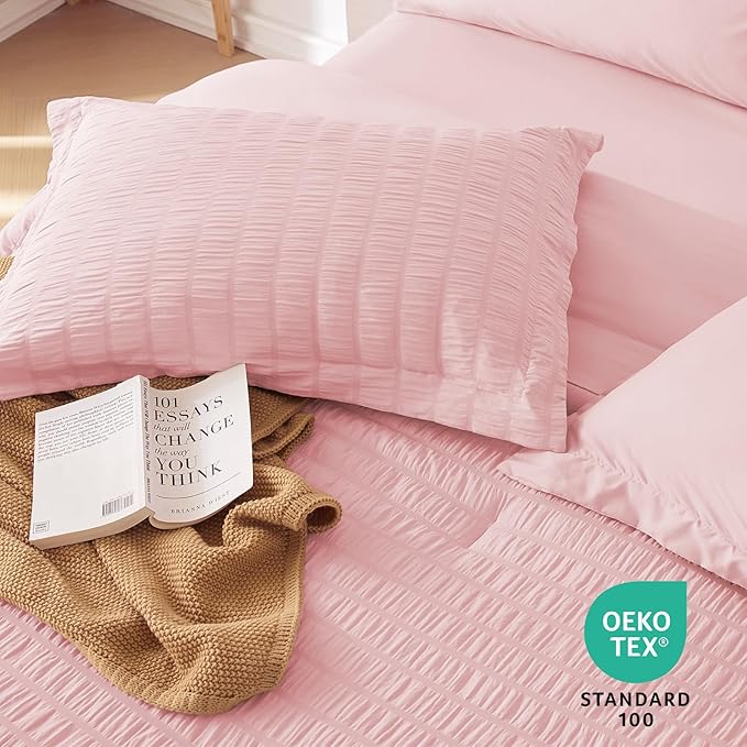 MUXHOMO 5 Pieces Twin XL Comforter Set, Seersucker Bed in a Bag Twin XL Size, All Season Luxury Bedding Set with Comforter, Flat Sheet, Fitted Sheet, Pillowcase & Sham, Pink