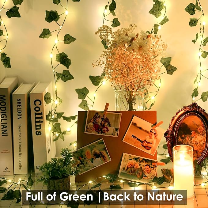 OMIKA 2 Pack 40FT 120LED Vine Fairy Lights Battery Operated, 8 Modes & Timer Ivy String Lights with Remote, Green Leaf Light for Indoor Bedroom Classroom Wall Garden Party Wedding Decor (Warm White)