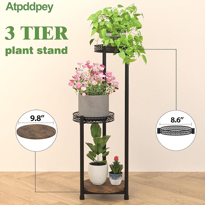 Plant Stand Indoor Outdoor,3 Tier Metal Wood Plant Stand for Multiple Plants,Black Tall Narrow Plants Display Organizer for Corner Living Room Porch Patio Garden Office