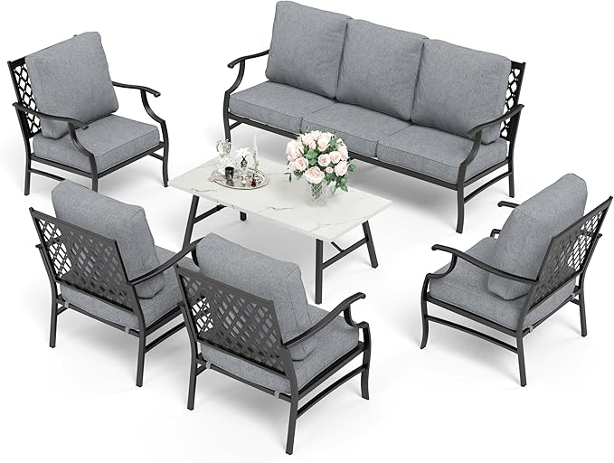 HERA'S HOUSE 6 Piece Patio Furniture Set, 4 x Fixed Metal Cushioned Chair, 1 x 3-Seat Sofa with Marbling Coffee Table, Outdoor Conversation Set for Lawn Garden Backyard Poolside, Grey