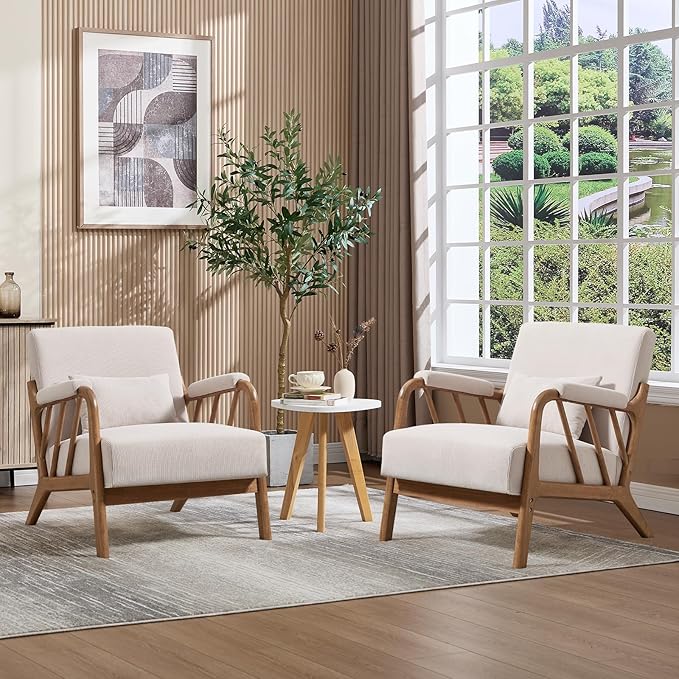 ANJ Mid Century Modern Accent Chair,Living Room Chairs with Wood Frame &Lumbar Pillow, Upholstered Reading Armchair for Bedroom