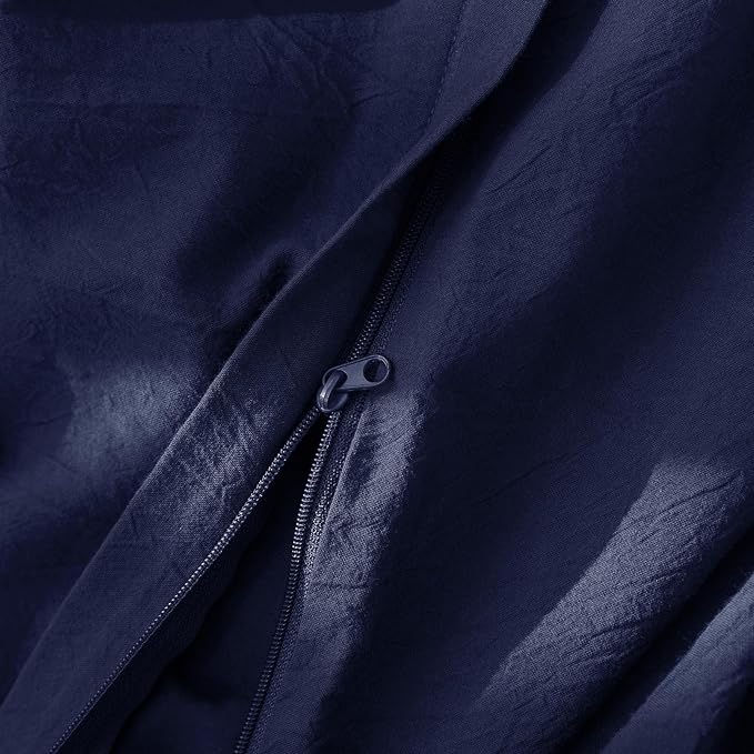 JIYUAN 100% Washed Cotton Duvet Cover Set 3 Pieces Cal King, 1 Duvet Cover 104x98 Inches(Comforter Not Included) and 2 Pillowcases,Linen Feel Bedding Set Comfy and Breathable,Navy Blue