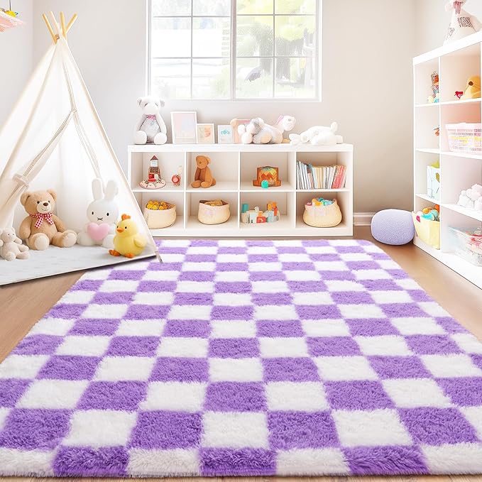 Checkered Rugs for Bedroom, 4x6 Ultra Fluffy Fuzzy Shag Area Rug for Living Room, Modern Plush Soft Upgrade Non-Slip Carpet for Kid Girls and Boys Room Dorm Nursery Home Decor, White and Purple