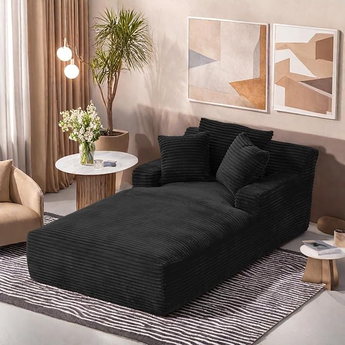78.7” Chaise Lounge Chair Indoor, Corduroy Upholstered Boneless Sofa Bed with Throw Pillows, Comfy Lounge Sleeper Sofa with Deap Seat for Living Room Bedroom, No Assembly Required, Black
