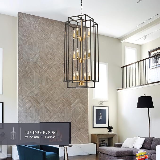 12-Light Lantern Tiered Pendant Light Fixtures, Black Metal Farmhouse Chandelier Hall Foyer Hanging Chandelier for Kitchen Island Dining Room Living Room Foyer Entryway, Black+Gold