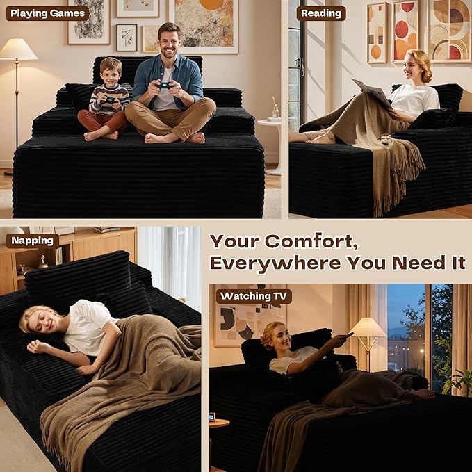 Chaise Lounge Chair Indoor, Oversized Sleeping Couch 67" L * 48.5" W Assembly Free Modern Minimalist Sofa, Extra Deep Large Single Seat Sofa for Living Room (Black Plush Fabric)