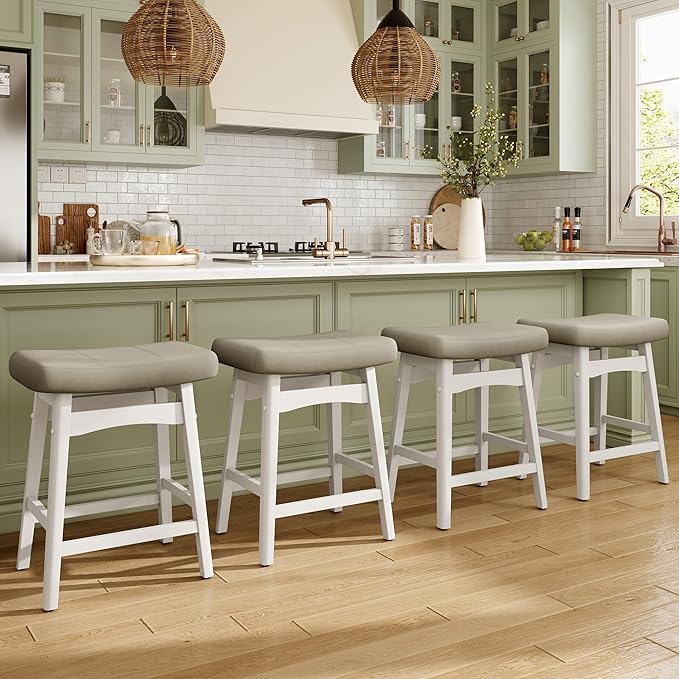 MAISON ARTS Beige Counter Height Bar Stools for Kitchen Counter Solid Wood Legs with Faux Leather Saddle Seat Farmhouse Barstools for 34"-38" Counter Island Upholstered Stools, 24in Height