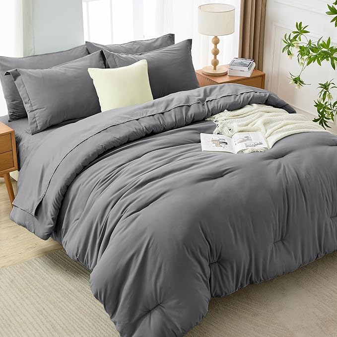 MUXHOMO 7 Pieces Full Comforter Set, Soft Bed in a Bag Full Size, All Season Bedding Set with Comforter, Flat Sheet, Fitted Sheet, Pillowcases & Shams, Dark Grey