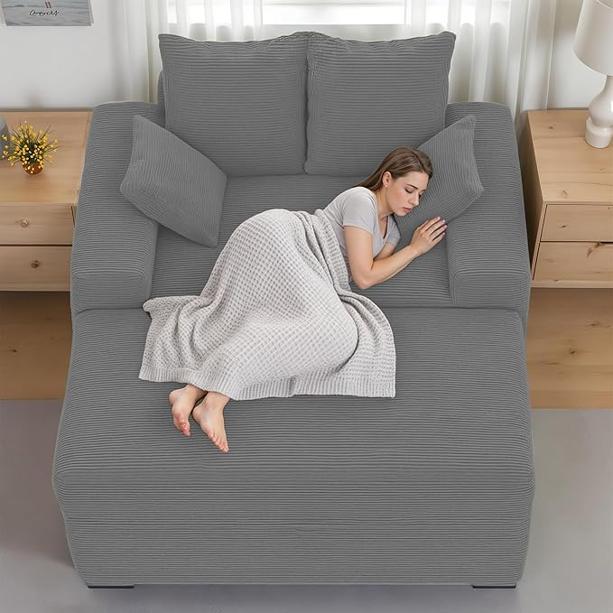 Indoor Chaise Lounge Chair with Storage Ottoman, Modern 60-Inch Lounge Sofa Chair with Wide Armrests & 4 Pillows, Oversized Comfy Reading Lounger for Living Room, Bedroom(Medium-Rib Corduroy Grey)