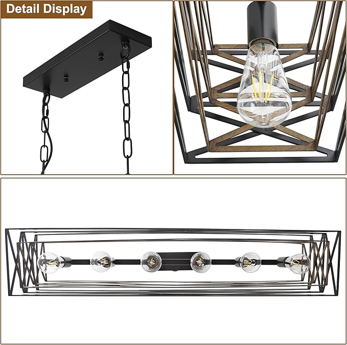 40''Large Farmhouse Rectangular Chandeliers for Dining Room,6-Light Black Matte Dining Light Fixture,Modern Industrial Pendant Lights Kitchen Island,Linear Chandelier with Retro Wood Texture Interior