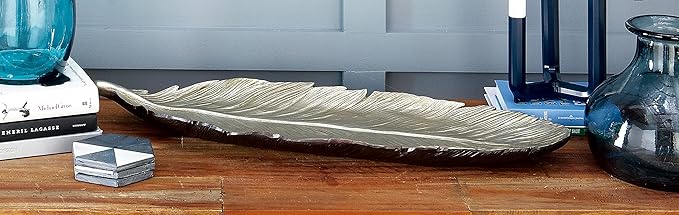 Deco 79 Polystone Bird Feather Decorative Bowl, 26" x 9" x 2", Silver
