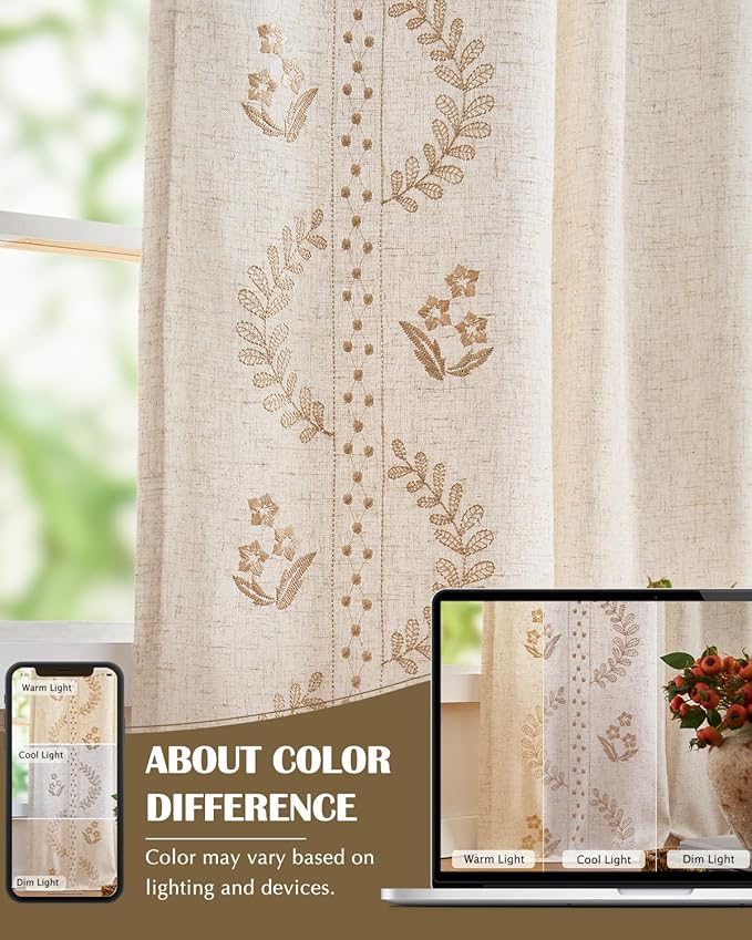 jinchan Belrose Lined Linen Blend Curtains Boho Floral Curtains for Bedroom 96 Inch Length Beige Embroidered Drapes Rod Pocket Farmhouse Flower Drapes for Living Room Window Treatments Set 2 Panels