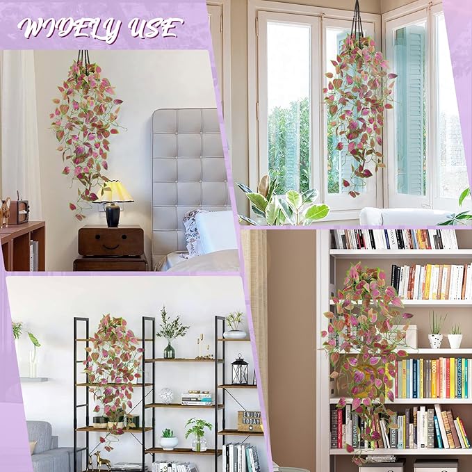 LOYWREE Artificial Purple Ivy Hanging Vine Plants - Small Potted Long Trailing Cascading Foliage, Gothic Home Decor for Indoor/Outdoor, Office, Garden & Shelf (Black Pot Included)