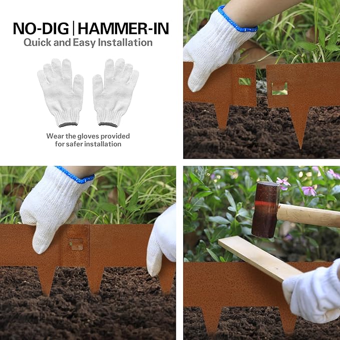 Worth Garden 6-Pack 8" H. Corten Steel Landscape Lawn Edging (20Ft Total) - Rust Patina Finish 18-Gauge Bendable Metal Strips - Hammer-in Edging Border - Buckle Connection - Yard Pathway Divider