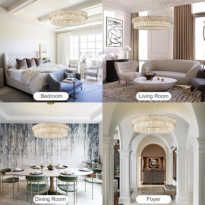 Crystal Chandelier, 31" 12-Light Large Chandelier for Living Room, Round Gold Chandeliers for Bedroom, High Ceiling Chandeliers, Foyer Lighting Fixtures Hanging Lights Dimmable