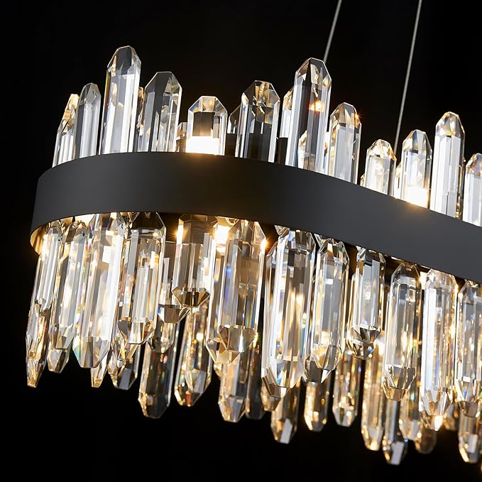 Modern Rectangular Crystal Chandelier, L57” Black Raindrop Chandelier Lighting Contemporary Pendant Ceiling Light Fixture for Dining Room Living Room Kitchen Island, G9 x 32 Lights