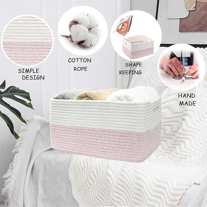 COMFY-HOMI 3 pcs Large Storage Baskets for Shelves, Laundry Basket, Woven Rope Basket, Closet Organizer Bins for Clothes Blanket Towels, Baby Nursery, Gift Toy Baskets, 17” x 13” x 7.5”-White/Pink