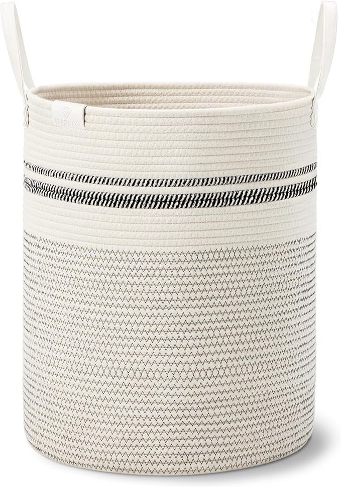 VIPOSCO Tall Laundry Basket, Large Dirty Clothes Hamper with Leather Handle, Woven Rope Storage Basket for Blanket, Toy In Living Room, Bathroom, Bedroom - 53L Stripe White