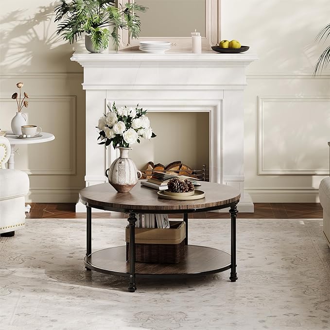 Garvee Round Coffee Table, 2 Tier Center Table with Storage for Living Room, 34.5 x 18 Inches, Wood Center Table for Living Room, Apartment, Easy to Assemble