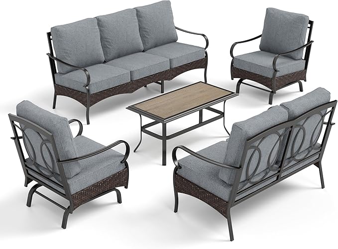 PHI VILLA Outdoor Modern Patio Furniture Set, Upgraded Wicker&Metal Patio Furniture Conversation Set with Waterproof Thick Cushions for Porch, Poolside, Deck, and Yard (5 Pieces,Grey)
