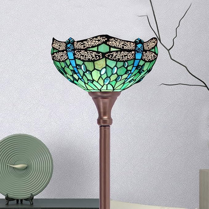 Tiffany Floor Lamp Torchiere Stained Glass Torch Lamp 12X12X67 Inch Antique Standing Corner Light (Green Dragonfly)