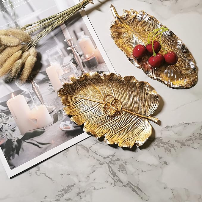 Metal Jewelry Dish, Small Leaf Shaped Ring Holder Jewelry Organizer, Trinket Dish Vanity Tray for Dresser Christmas Birthday Wedding Gifts Large Elm-Gold