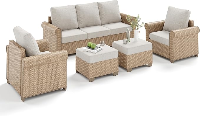 Patio Furniture Set 5 pcs, Wicker Outdoor Patio Furniture, 3-Seat Sofa, 2 Single Chairs and 2 Ottomans, Rattan Patio Conversation Set for Backyard Deck, Beige