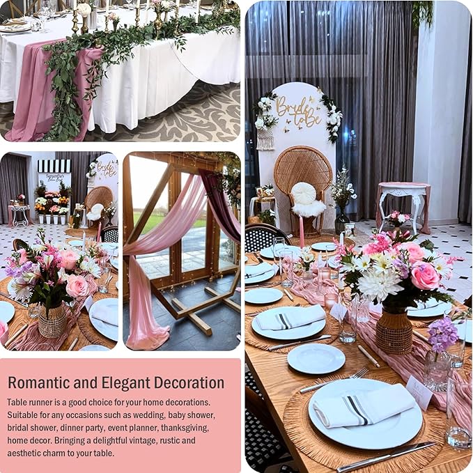 8 Pack 10ft Dusty Rose Cheese Cloth Table Runner 35x120 Inches Boho Gauze Rustic Wedding Cheesecloth Table Runners, Long Romantic Sheer Table Runner for Wedding Bridal Baby Shower Party Decor