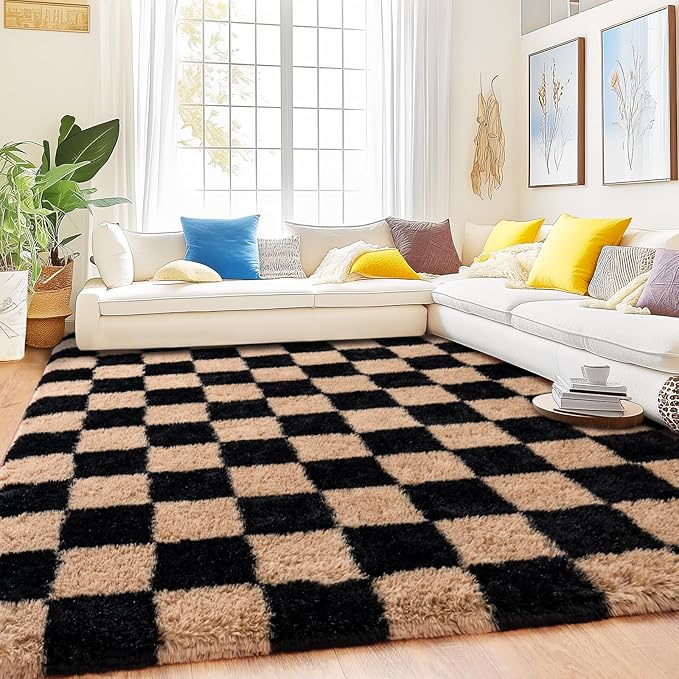 Checkered Rugs for Bedroom, 4x6 Ultra Fluffy Fuzzy Shag Area Rug for Living Room, Modern Plush Soft Upgrade Non-Slip Carpet for Kids Girls and Boys Room Dorm Nursery Home Decor, Black and Beige
