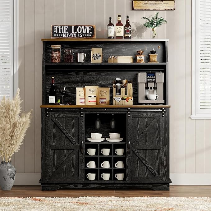 47 Inch Farmhouse Coffee Bar Cabinet with 3-Tier Storage, Coffee Bar Hutch with 9 Wine Racks, 3 Glass Holders, 6 Hooks, Kitchen Hutch for Dining Living Room, Black