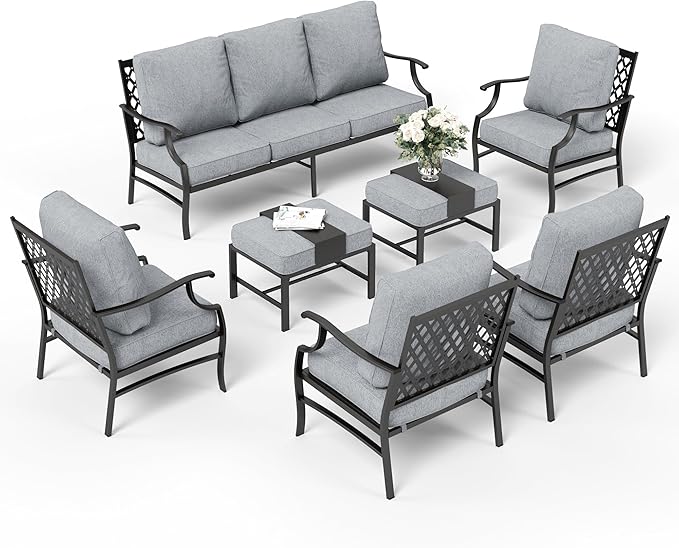 7 Piece Metal Outdoor Patio Furniture Set, Patio Conversation Sets 1 3-seater Sofa, 4 Fixed Chair, 2 Ottomans with 5.75" Thick Cushion, Black All-weather Frame Backyard Furniture, Gray