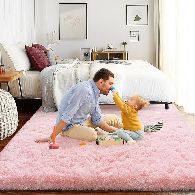 Pink Area Rug for Bedroom, 4x6 Rugs for Living Room Nursery Kids Room Dorm Home Decor Aesthetic, Fluffy Shaggy Rug with 4 Anti-Slip Carpet Tapes