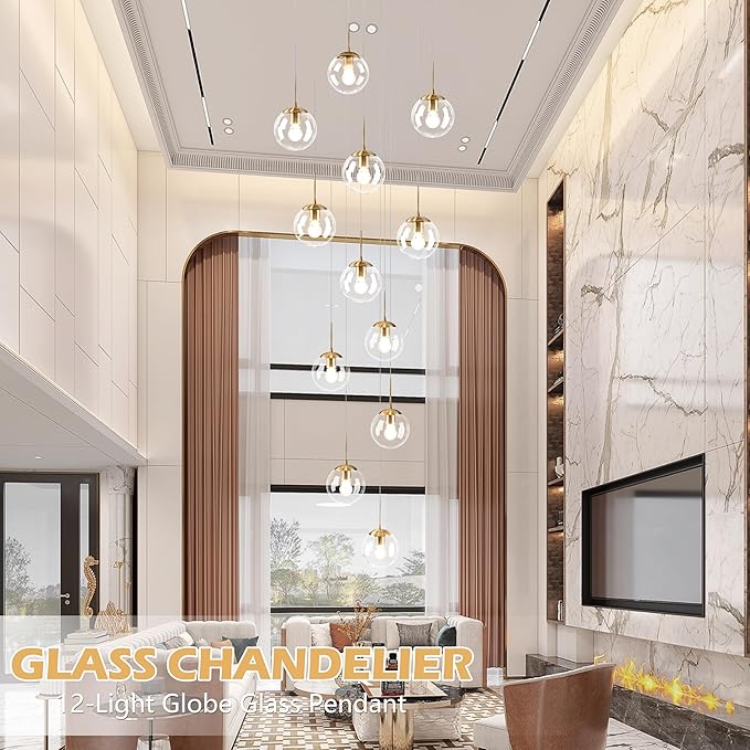 KoKo&Yukina 12-Light Gold Mid Century Modern Chandelier for Living Room Staircase Chandelier for Entryway Clear Globe Glass Chandelier High Ceiling Chandeliers Foyer Entryway (Bulb & Remote Incl.)
