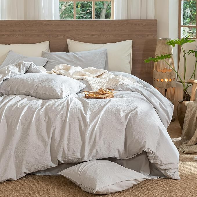 MooMee Wavy Striped Duvet Cover Set 100% Washed Cotton Linen Like Textured Breathable Durable Soft Comfy (Light Grey, King 104"x90")