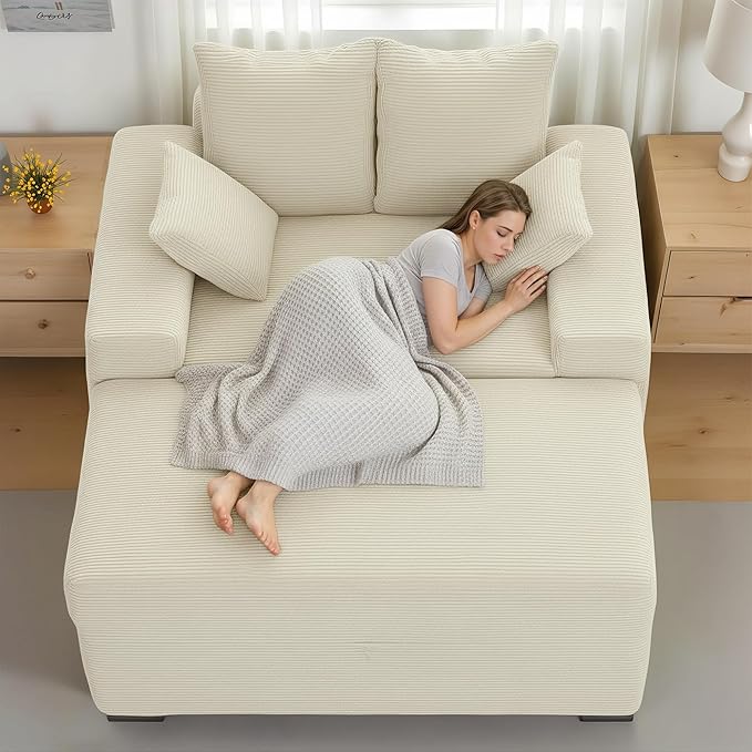 Indoor Chaise Lounge Chair with Storage Ottoman, Modern 60-Inch Lounge Sofa Chair with Wide Armrests & 4 Pillows, Oversized Comfy Reading Lounger for Living Room, Bedroom(Medium-Rib Corduroy Beige)