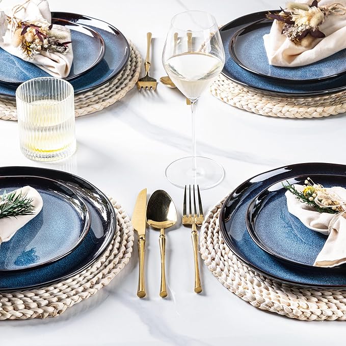 LeRatio Ceramic Dinnerware Sets for 4,Wavy Reactive Glaze Stoneware Plates and Bowls Sets,Highly Scratch Resistant | Dishwasher & Microwave,Oven Safe Dishes Set(12PCS)