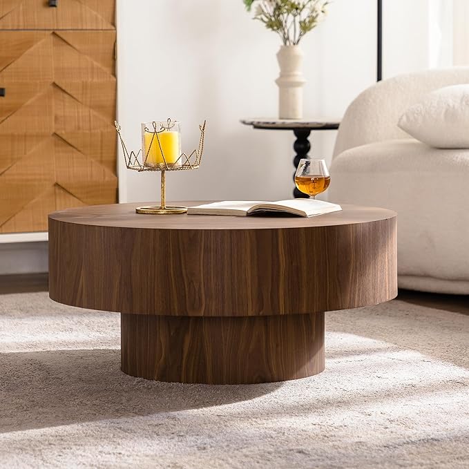 31.51" Round Coffee Table, Mid Century Modern Accent Coffee Tables, Circle Wooden Centre End Table for Living Room Home Furniture - Walnut