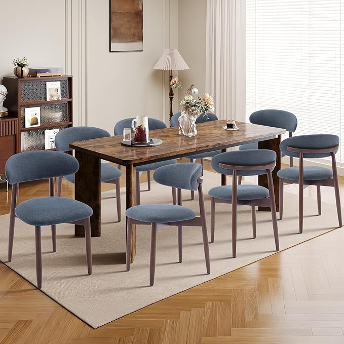 7-Piece Rectangular Dining Table Set for 6, 63" Industrial Kitchen Table with 6 Wooden Upholstered Dinner Chairs for Dining Room, Kitchen, Living Room, Brown+Blue