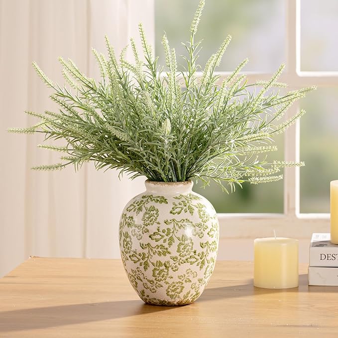 Ceramic Vintage Vase, Green Flower Decorative Vase Chinoiserie Decor Rustic Farmhouse Retro Floral Vases for Table Bookshelf Mantel Kitchen Living Room Office- 7.8inch