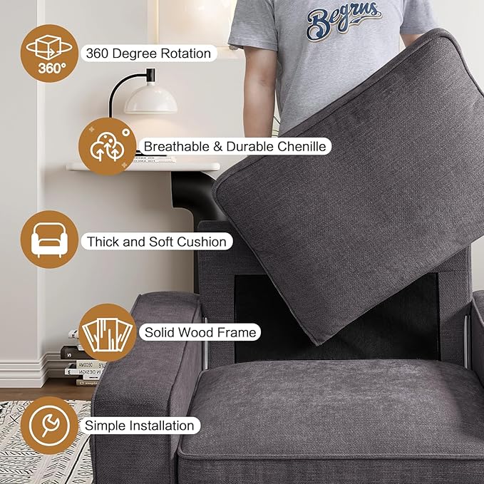 Swivel Accent Chair for Living Room Comfy Single Sofa Chair Soft&Breathable Padding with Extra Wide Armrests Washable Detachable Cover (Dark Gray)