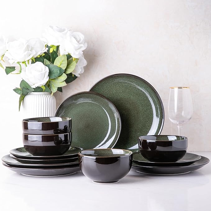 LERATIO Ceramic Dinnerware Sets for 8,Stoneware Plates and Bowls Sets,Handmade Reactive Glaze Dishes Set,Chip Resistant and Scratch Resistant | Oven&Dishwasher & Microwave Safe-Green(24PCS)