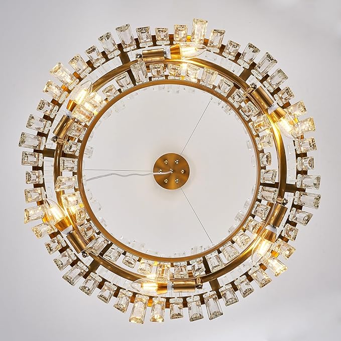 Round Crystal Chandeliers, D23.6 inch 12-Light Brass Gold Chandelier Lighting Fixture, Height Adjustable Pendant Ceiling Light for Living Room Dining Room Bedroom